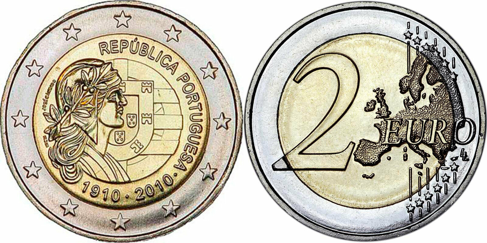 Португалия 2 евро, 2010 100 лет Португальской Республике UNC