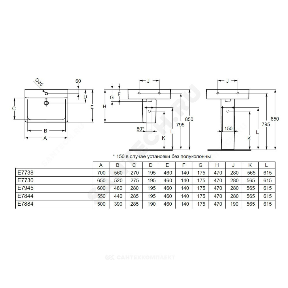 Умывальник подвесной Connect CUBE 60 1 отверстие под смеситель по центру белый Ideal Standard E794501