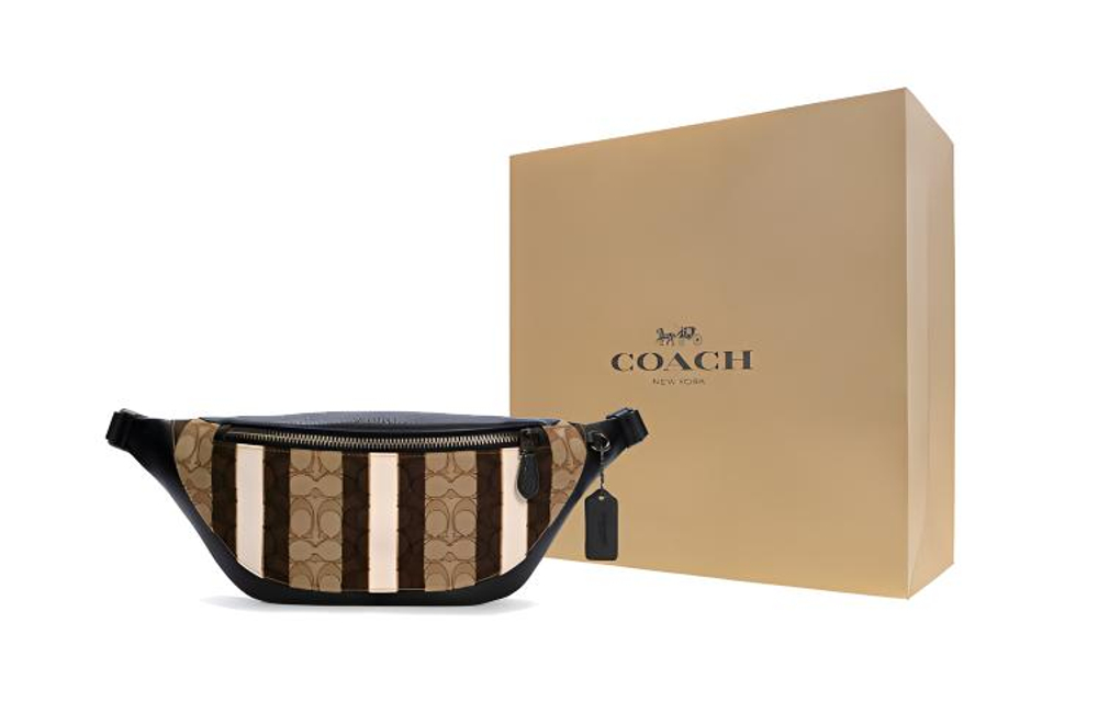 COACH Warren Canvas Cowhide Crossbody Bag, Sling Bag, Fanny Pack Large Men"s Khaki & Brown Multicolor