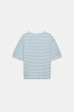 ZARA ФУТБОЛКА В ПОЛОСКУ С КОРОТКИМИ РУКАВАМИ, ЭКРЮ/СИНИЙ