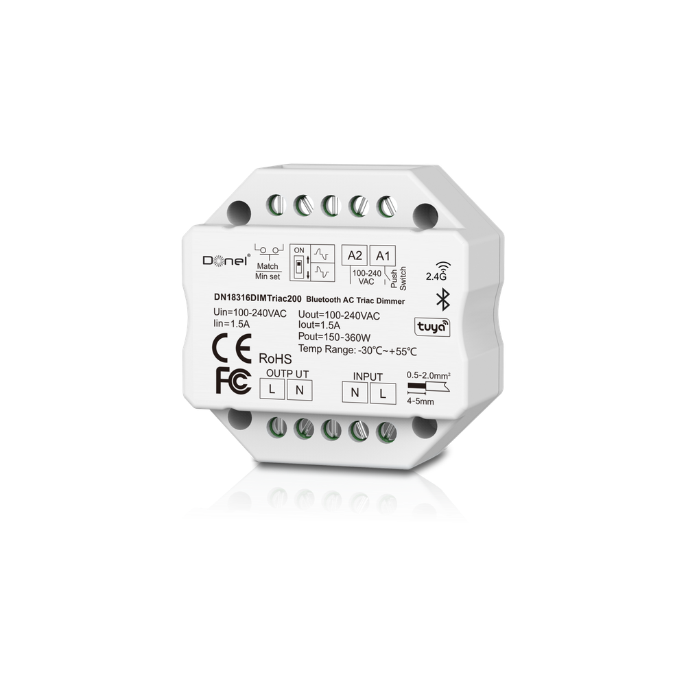 Диммер-таблетка Triac,  управление через  BT+RF+Push,  питание 230В,  1-но канальный,  максимальная мощность LED 200Вт   Артикул: DN18316DIMTriac200
