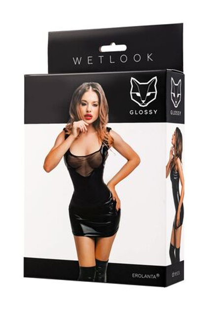 Glossy Rimma - Платье с сеточкой из материала Wetlook, черное, L