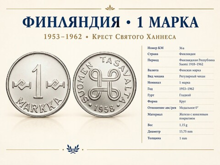 Финляндия 1 марка, 1958 Крест Святого Ханнеса XF