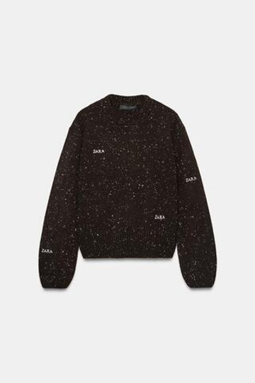 ZARA СВИТЕР С ВЫШИВКОЙ, КОРИЧНЕВЫЙ/ЭКРЮ