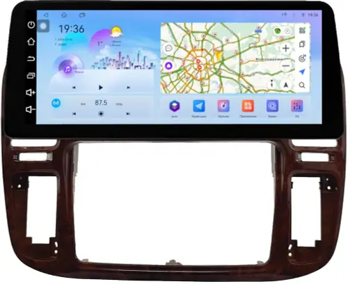 Магнитола для Toyota Land Cruiser 100, Lexus LX470 1998-2002 (кондиционер или климат внизу, рамка дерево) - FarCar S500+TS10 монитор 12.3" 2K QLED на Android 14, Быстрая, CarPlay, 4G SIM-слот