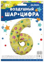 Шар (34"/86 см) Цифра, 6 Веселые картинки, Желтый 1 шт.