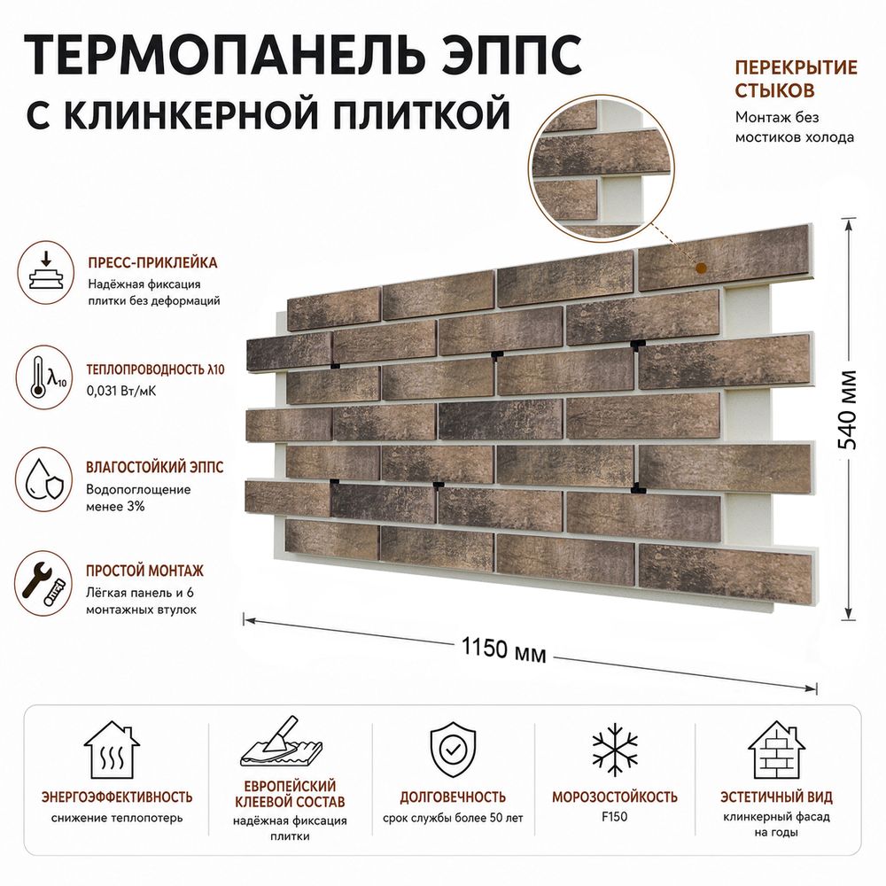 Клинкерная фасадная термопанель ЭППС Береза Керамика Треви Умбра 1150x540