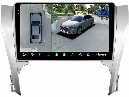 Магнитола для Toyota Camry 50 2011-2014 (рамка серебро 10) - Teyes CC3-2K-360 на Android 10, Быстрая, 2K QLED, CarPlay, 4G SIM-слот, 4 камеры в комплекте