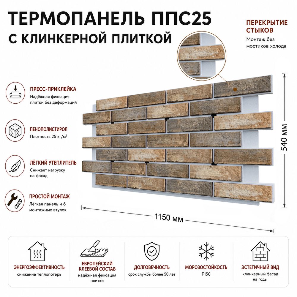 Клинкерная фасадная термопанель ППС25 Береза Керамика Стоун Палевый 1150x540