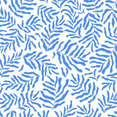 Абстрактные синие ветки листья в стиле Матисса. Волнистые тропические ветки