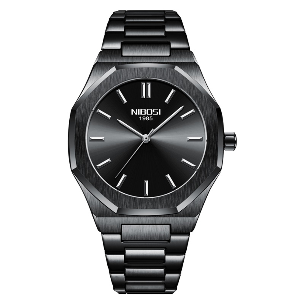 NIBOSI 1985 Quartz Movement Stainless Steel Strap Watch Men"s Watches Black Dial