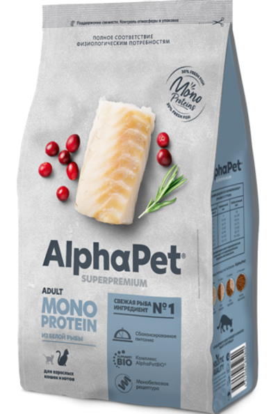 AlphaPet Superpremium Monoprotein для кошек из белой рыбы 1,5кг.