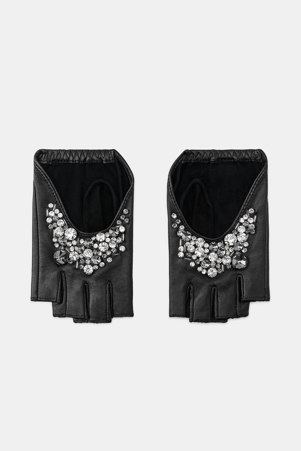 ZARA КОРОТКИЕ КОЖАНЫЕ МИТЕНКИ С ДЕКОРОМ, ЧЕРНЫЙ