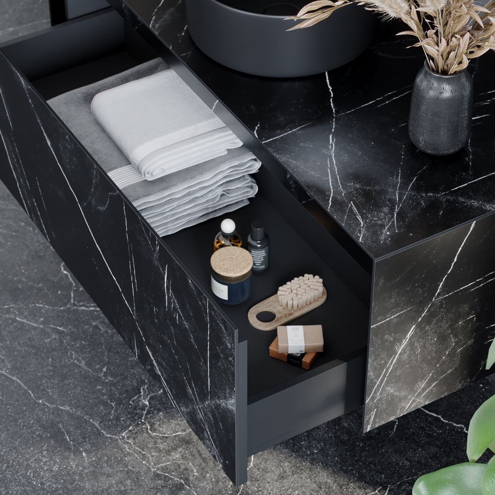 Тумба подвесная под раковину Sancos Stone, керамогранит Nero Marquina 1200х400х495, арт. ST120NM