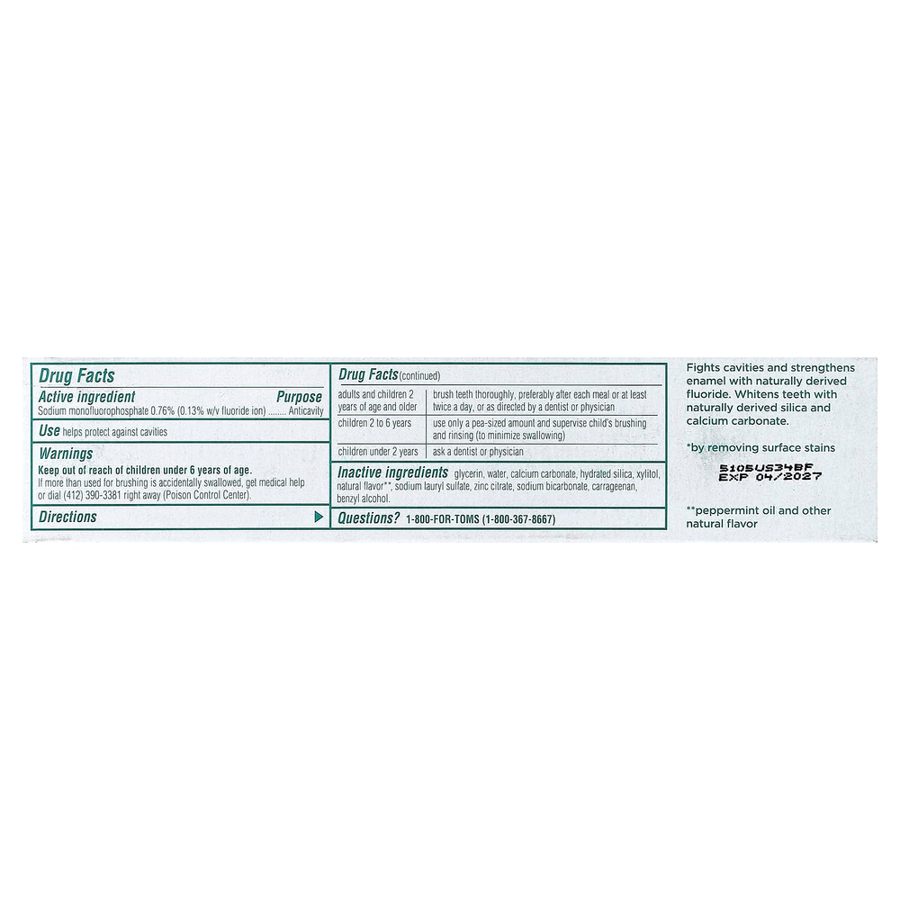 Tom's of Maine, Whole Care, зубная паста против кариеса, с фторидом, перечная мята, 2 шт. в упаковке, по 113 г (4 унции)