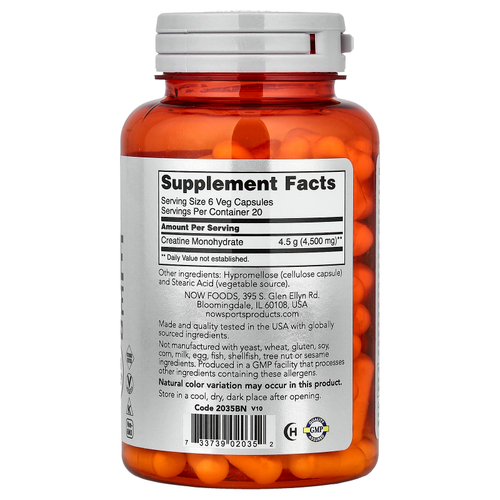 NOW Foods, Sports, моногидрат креатина, 120 веганских капсул (0,75 г в 1 капсуле)
