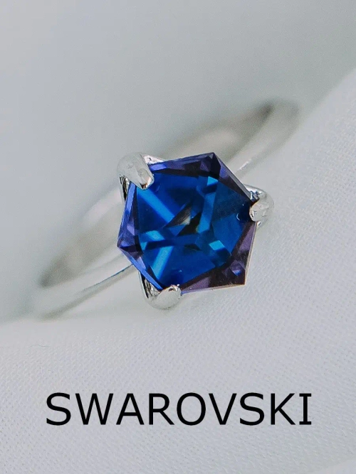 Кольцо Миражи тонкое с синим кристаллом Swarovski