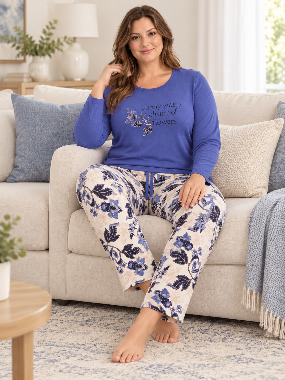 Женская пижама-комплект RUBINA Secret Homewear: верх и брюки, синяя с цветами