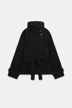 ZARA ПАЛЬТО С ВЫСОКИМ ВОРОТНИКОМ И ПОЯСОМ, ЧЕРНЫЙ