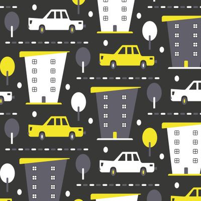 Ткань с машинками для детских мембранных тканей курток. Kids jacket fabric cars in city on black.