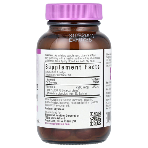 Bluebonnet Nutrition, философии. Salina, бета-каротин, 7500 мкг (25 000 МЕ), 90 мягких таблеток
