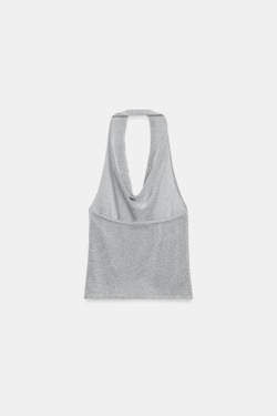 ZARA ТРИКОТАЖНЫЙ ТОП ХАЛТЕР С БЛЕСТЯЩЕЙ НИТЬЮ, СЕРЕБРИСТЫЙ
