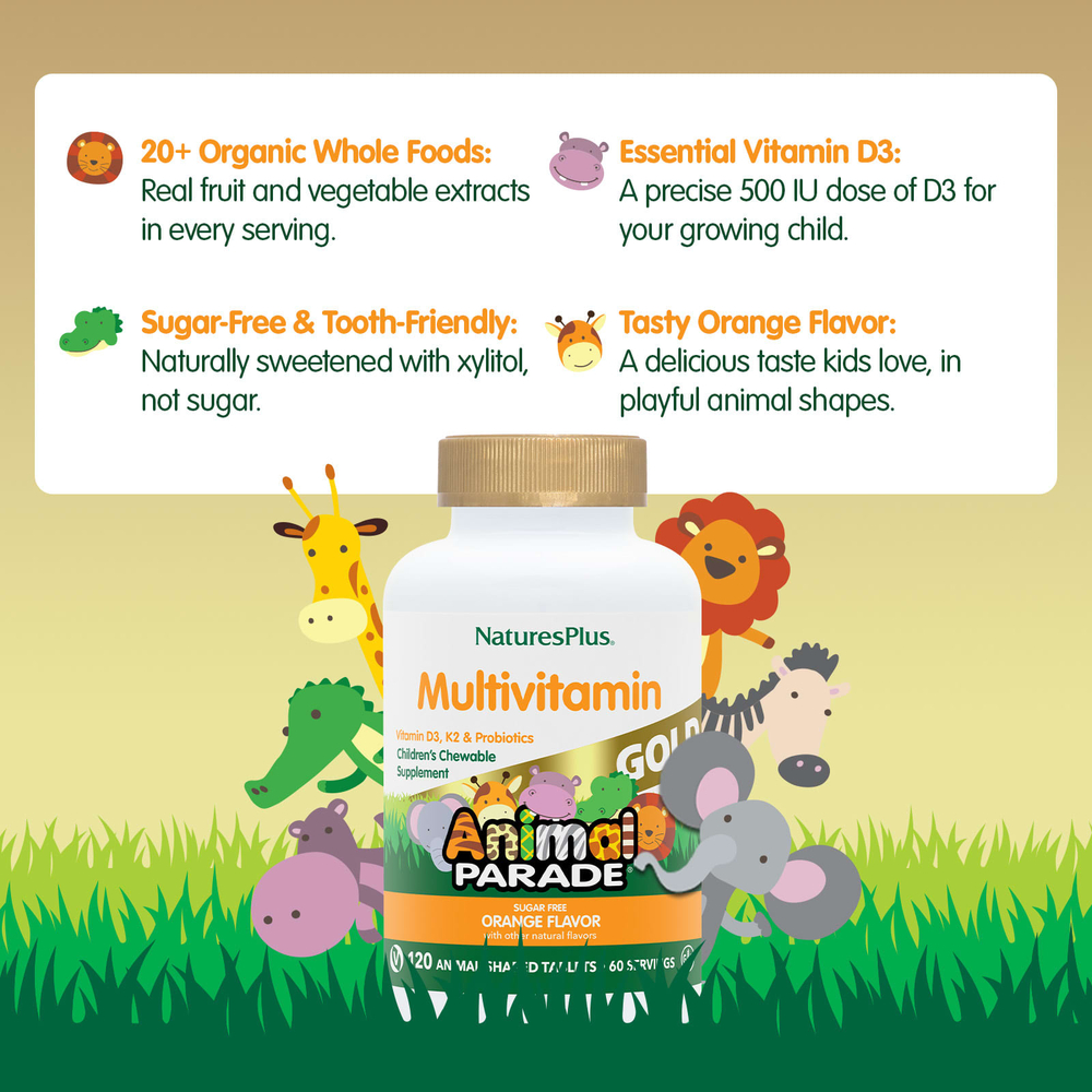 NaturesPlus, Animal Parade® Gold, жевательные мультивитамины для детей, со вкусом апельсина, 120 таблеток в форме животных