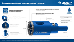 ЗУБР АГК d 30 мм (центр. сверло, трехгр. хвост, Р60), Алмазная коронка, Профессионал (29850-30)