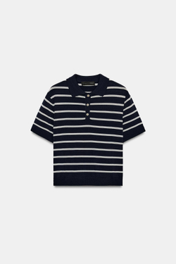 ZARA ТРИКОТАЖНОЕ ПОЛО В ПОЛОСКУ С КОРОТКИМ РУКАВОМ, МОРСКОЙ СИНИЙ