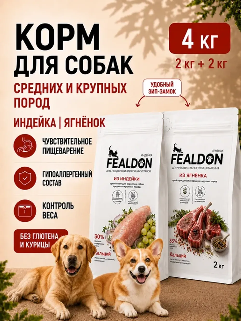Сухой корм Fealdon для взрослых собак средних и крупных пород с индейкой