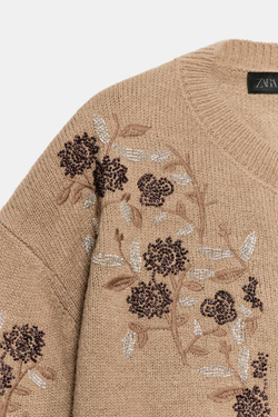 ZARA ТРИКОТАЖНЫЙ КАРДИГАН С ВЫШИВКОЙ И БУСИНАМИ, РЫЖЕВАТО-КОРИЧНЕВЫЙ