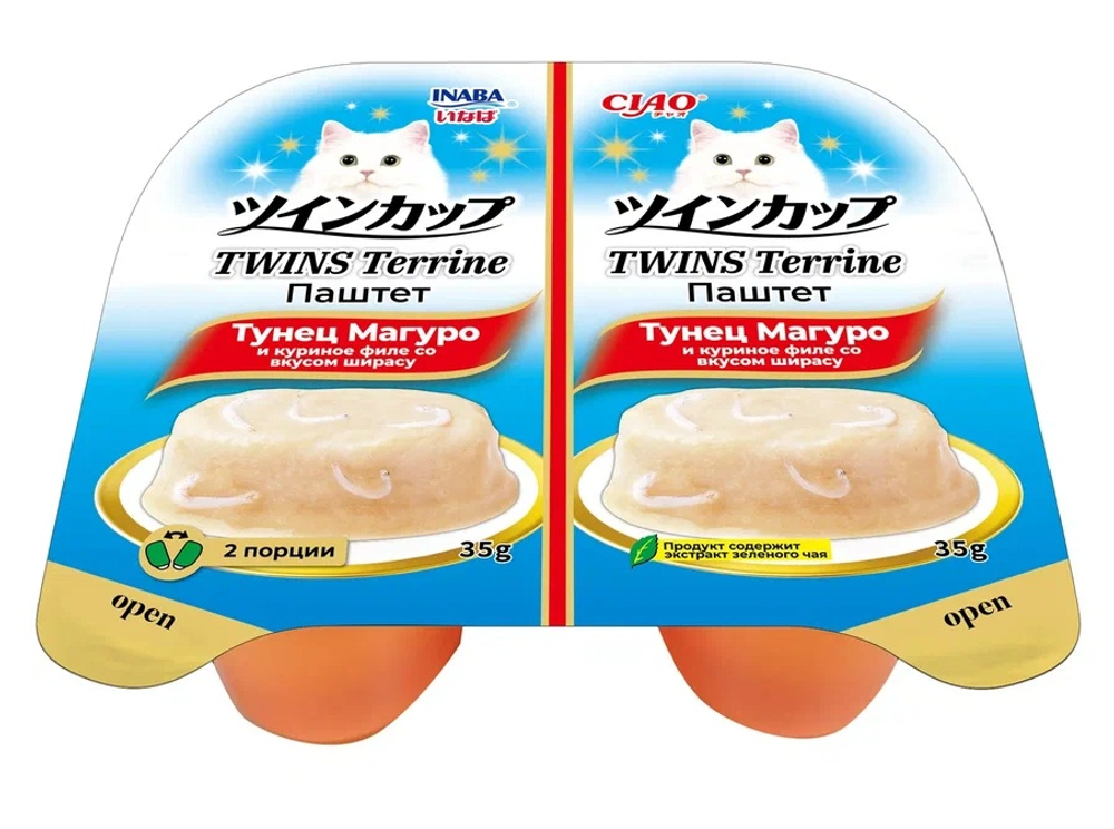 Inaba Ciao Twins Terrine Tунец магуро/Куриное филе со вкусом ширасу паштет ламистер для кошек 70 г (35 г*2 шт)