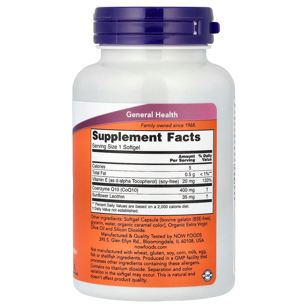 NOW Foods, коэнзим Q10 с витамином E и подсолнечным лецитином, 60 капсул