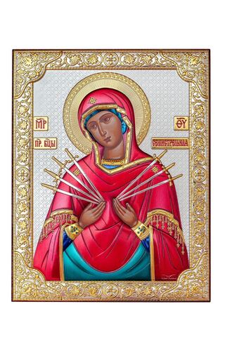 Семистрельная БМ, икона прямоугольная без рамки, красное дерево, эмаль 150х200