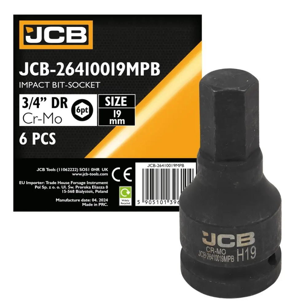 Головка-бита ударная 6-гранная 3/4'', 19мм JCB JCB-26410019MPB
