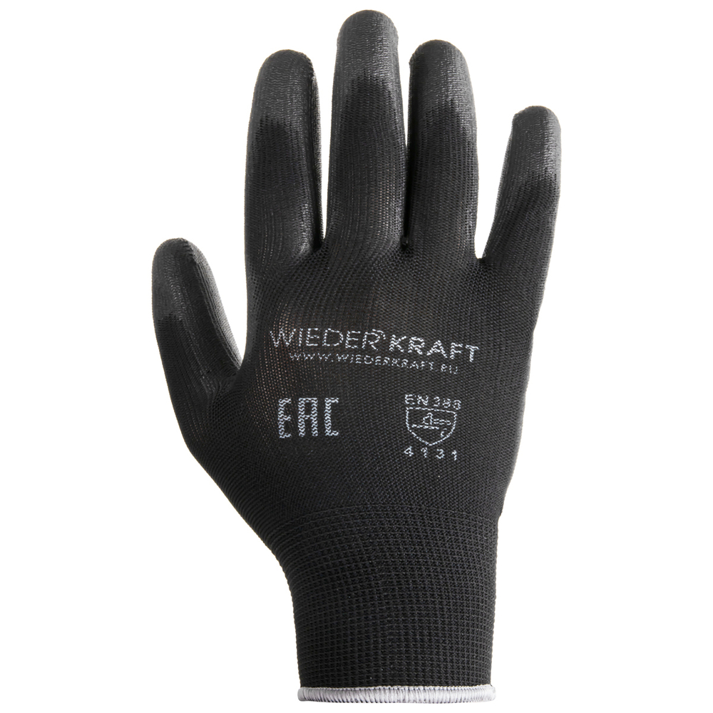WDK-PU01B/XL/5, 5 пар, размер XL, Перчатки ЧЁРНЫЕ защитные эластичные из нейлона с полиуретановым покрытием