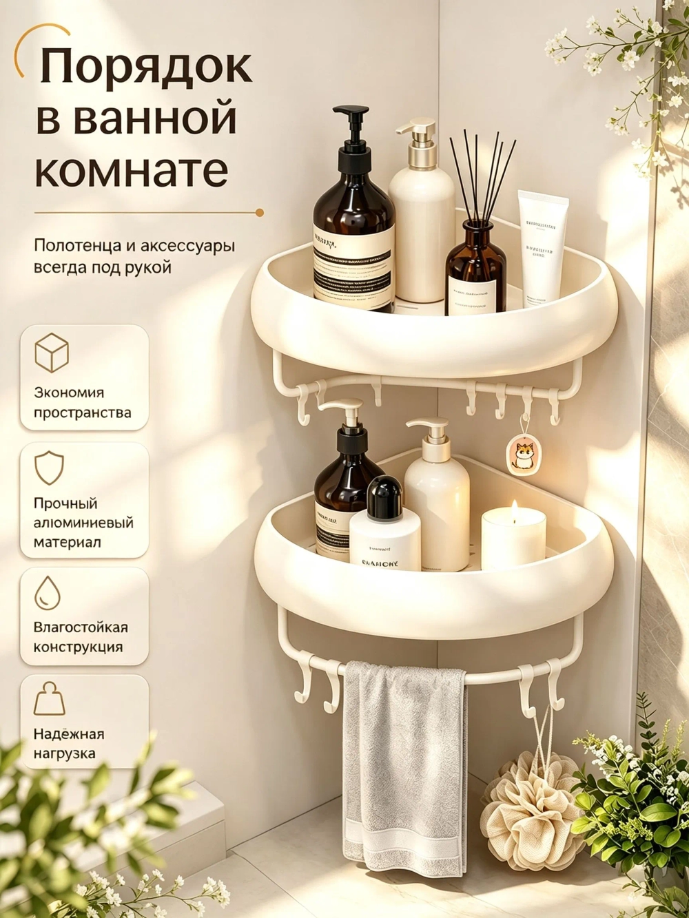 Угловая полка для ванной двухъярусная с держателем и 4 крючками, настенная полка без сверления, алюминий, влагостойкая, молочно-белая, 1 шт.