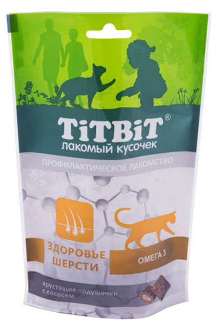 TITBIT Хрустящие подушечки для кошек, здоровье шерсти, с лососем 0,06 кг