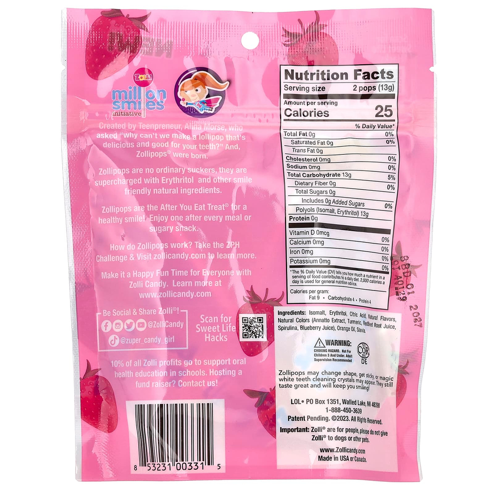 Zollipops, The Clean Teeth Pops, ZolliPops, леденцы с клубничным вкусом, 15 шт., 88 г (3,1 унции)