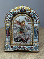 Георгий Победоносец, икона арочная с рамкой под стеклом, красное дерево, эмаль 206х270