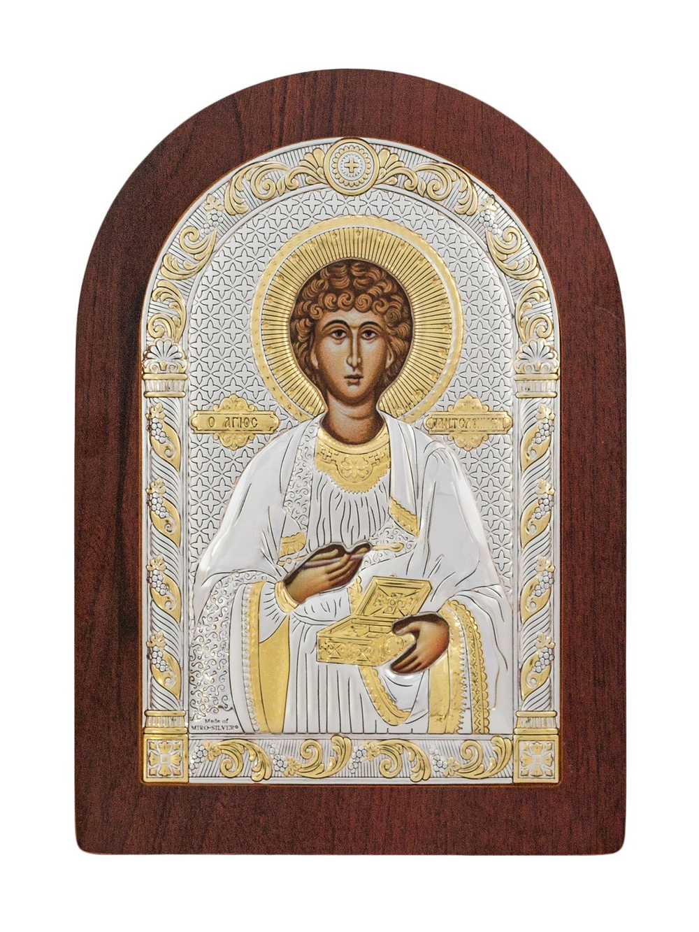 Пантелеймон, икона арочная, красное дерево  57х75