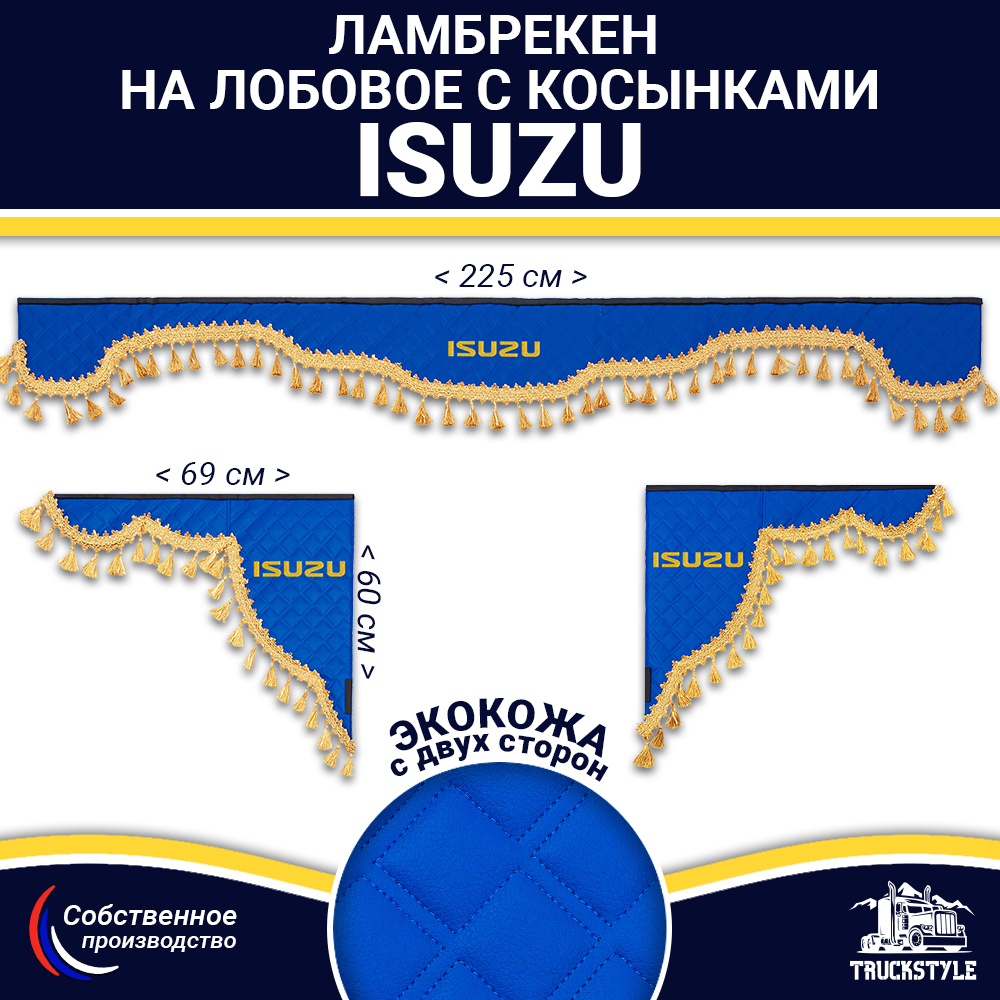 Ламбрекен с косынками двусторонние Isuzu (экокожа, синий, золотые кисточки)