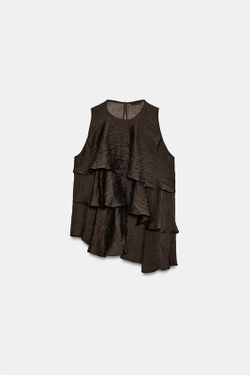 ZARA АСИММЕТРИЧНЫЙ ТОП С ВОЛАНАМИ, КОРИЧНЕВЫЙ