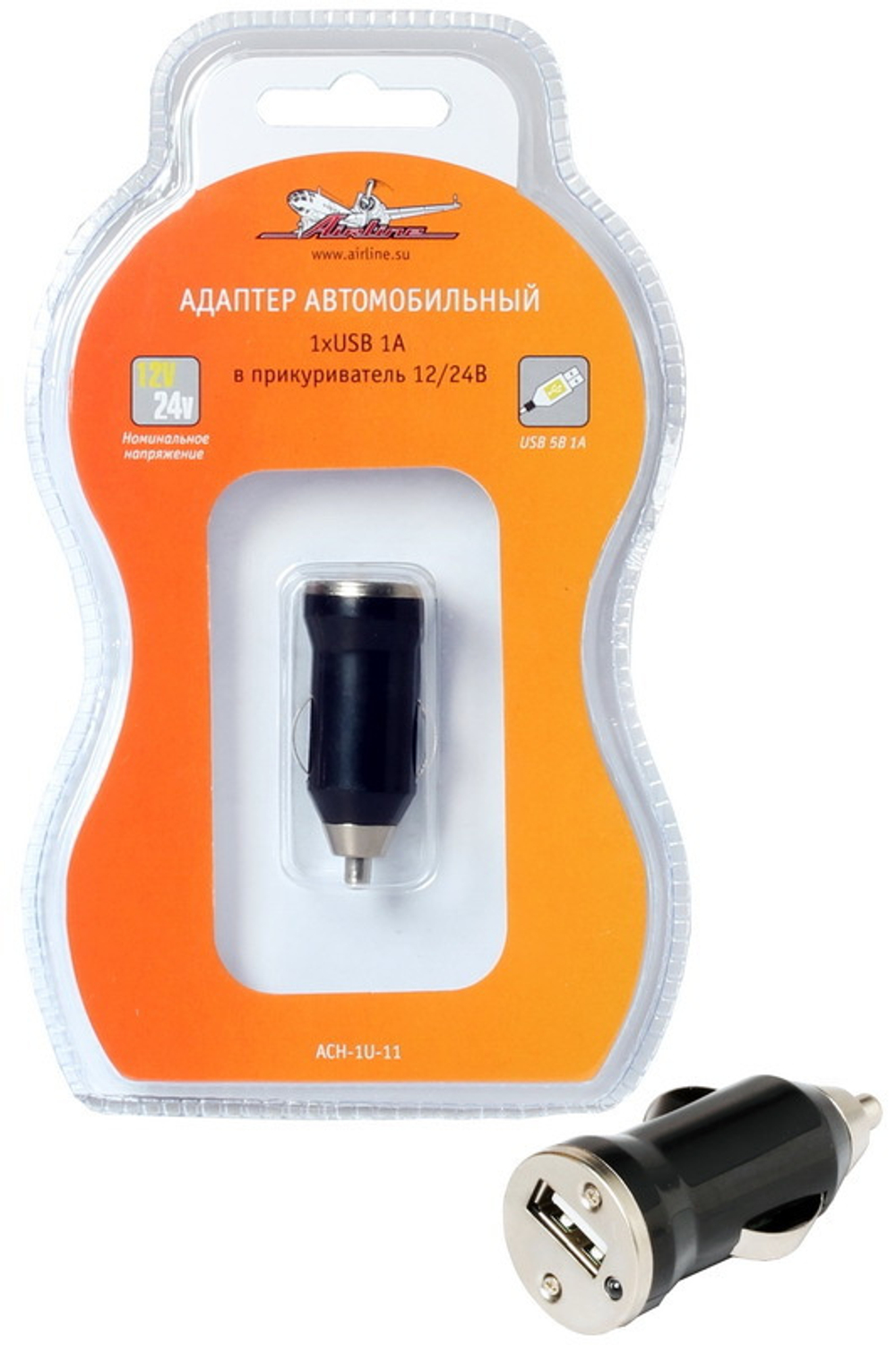 Адаптер автомобильный 1хUSB 2.4А, 12/24В AIRLINE ACH-1U-12