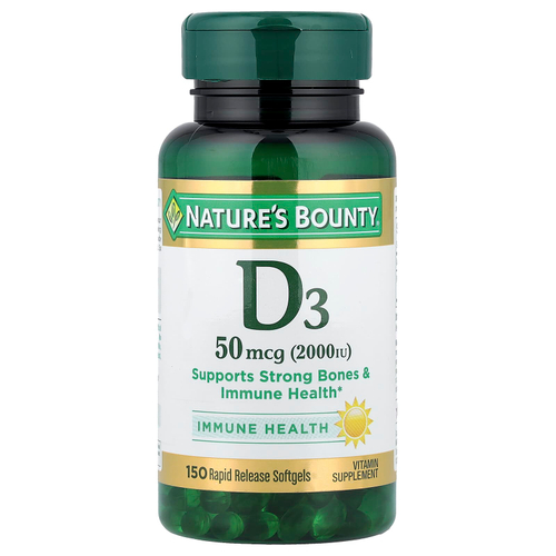 Nature's Bounty, D3, 50 мкг (2000 МЕ), 150 мягких таблеток с быстрым высвобождением