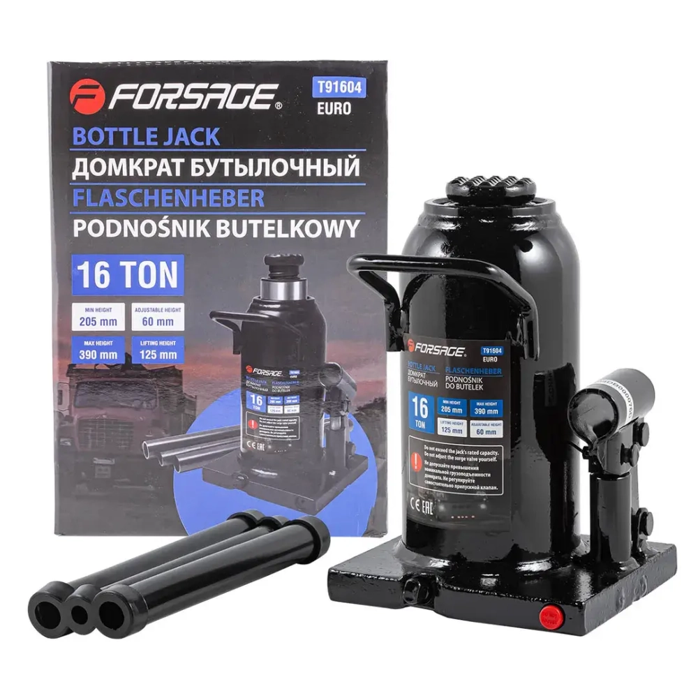 Домкрат бутылочный 16т с клапаном (h min-125мм, h max-390мм) Forsage F-T91604(Euro)