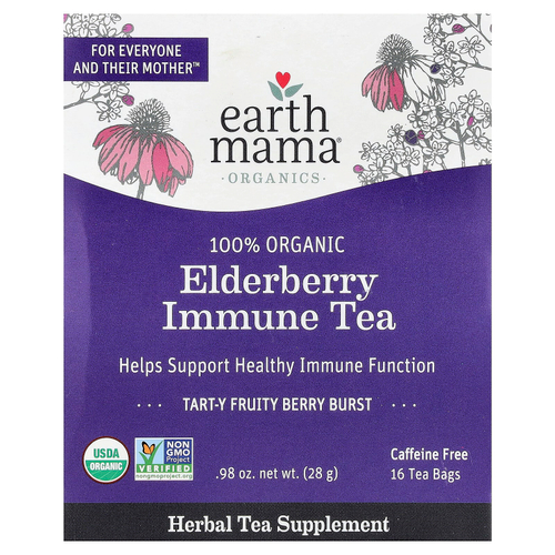 Earth Mama, Organics, 100% чай из органической бузины для укрепления иммунитета, с фруктово-ягодным вкусом, без кофеина, 16 чайных пакетиков, 28 г (0,98 унции)
