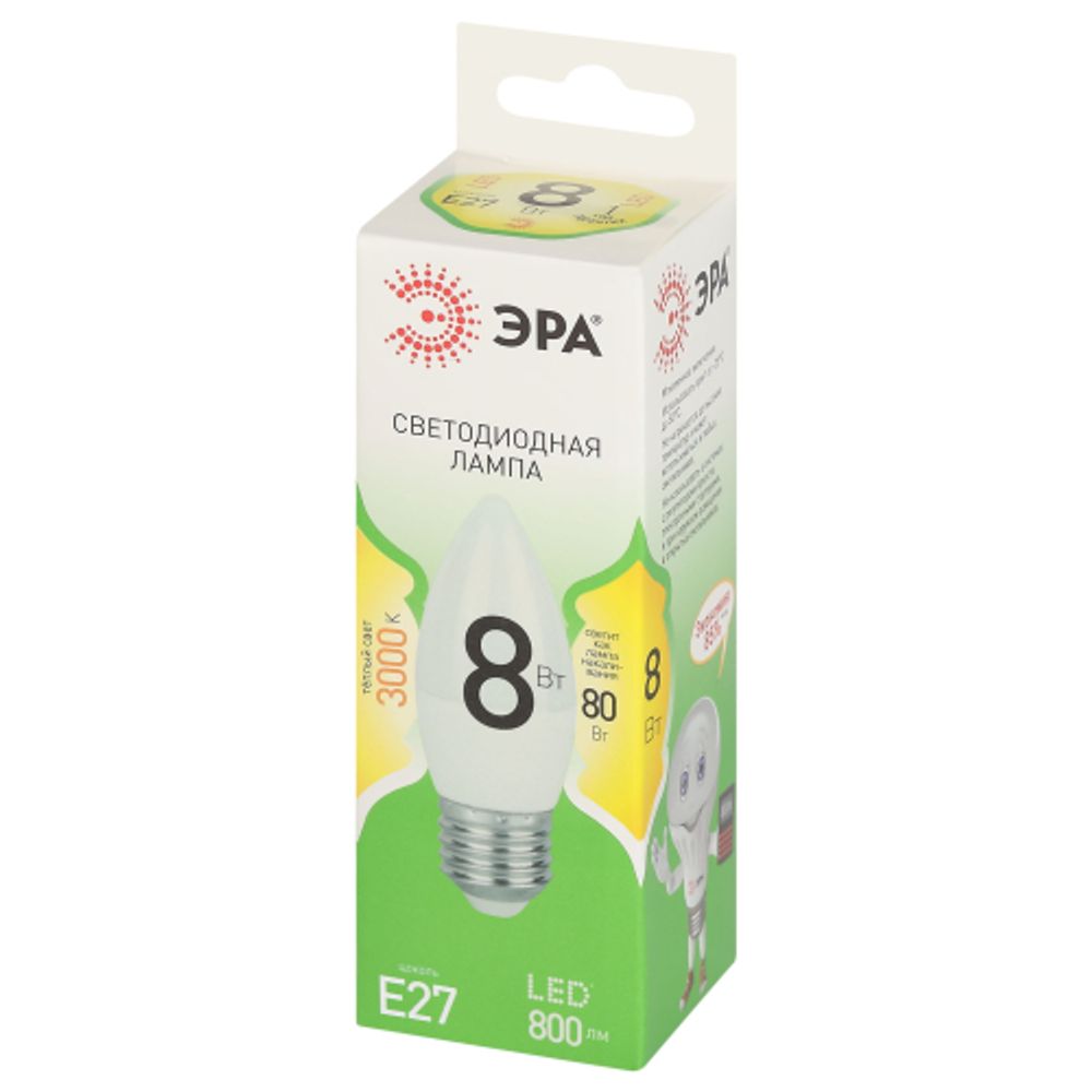 Лампа светодиодная ЭРА GREEN LINE LED B35-8W-830-E27 GL 8Вт свеча теплый свет E27 | Лампы cветодиодные Свеча (B/C)