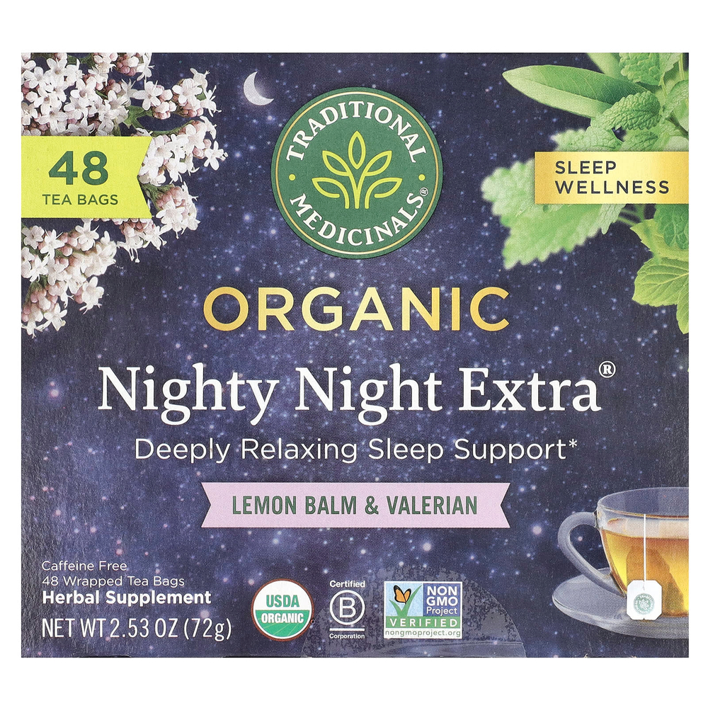 Traditional Medicinals, Organic Nighty Night Extra®, мелисса лекарственная и валериана, без кофеина, 48 чайных пакетиков, 72 г (2,53 унции)