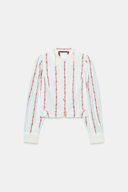 ZARA БЛУЗА С ПРИНТОМ И ГИПЮРОМ, СИНИЙ/БЕЛЫЙ